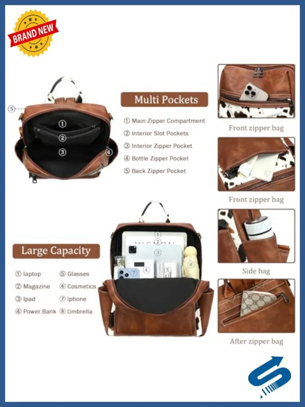 Faux Leather Fashion Backpack Purse for Women Travel Work Daypack Convertible